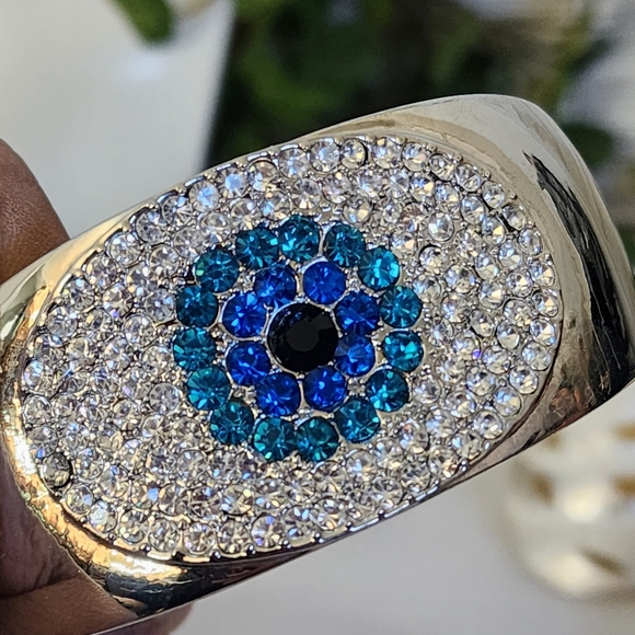 Silver Statement Clamper Hinge Bracelet Crystal Evil Eye - Picture 9 of 13